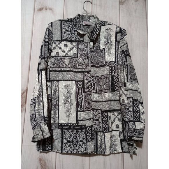 Tanjay Shirt Ladies 10 Black White Button Front Long Sleeve Vintage Light Weight - Picture 1 of 7